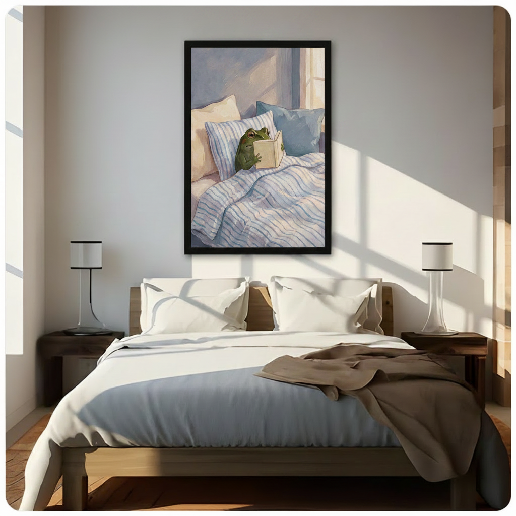 Framed modern whimsical oil painting cute green bullfrog tucked in striped blue white bedding holding open book with both hands in soft sunlit bedroom scene canvas print above dark walnut platform bed with white linen duvet in sunlit minimalist bedroom with twin slim table lamps - charming reading frog in bed wall art for contemporary bedroom decor