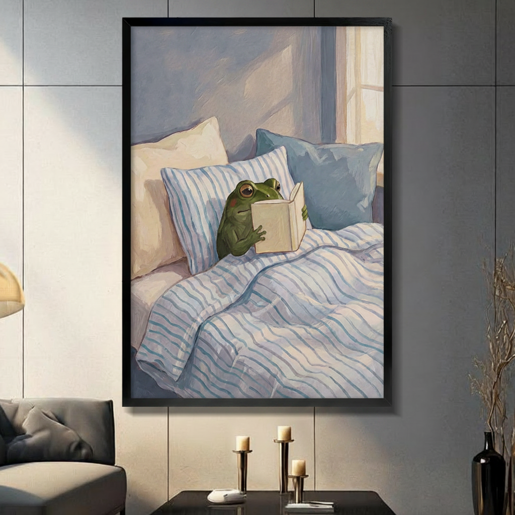 Framed modern whimsical oil painting green frog sitting up in bed reading book surrounded by blue and cream striped pillows under soft morning window light on muted blue-grey background canvas print on dark grey tile wall in modern living room with charcoal sofa and brass candlesticks - cozy reading frog in bed wall art for contemporary home decor