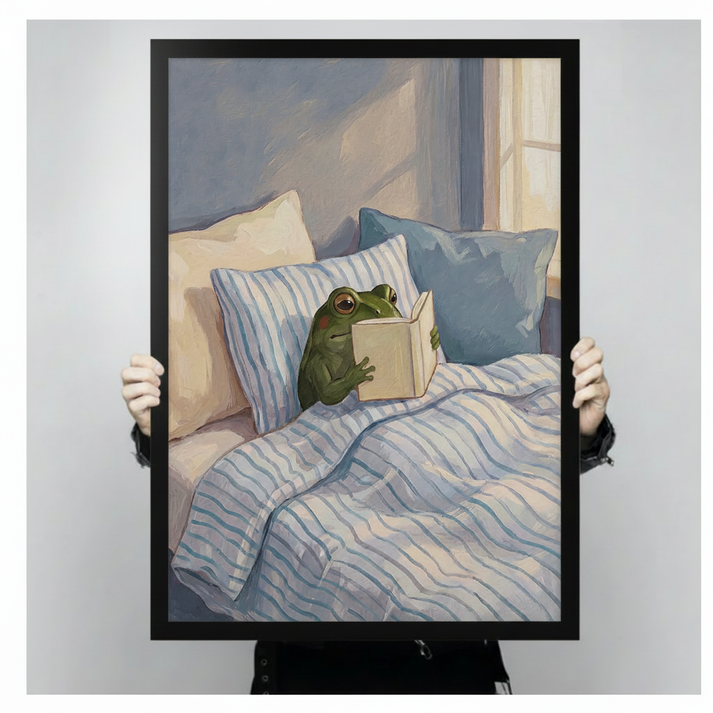 Person holding large framed modern whimsical oil painting green frog sitting up in bed reading book surrounded by blue and cream striped pillows under soft morning window light canvas print with both hands against neutral grey background - close up size reference of cozy reading frog in bed wall art with black frame finish