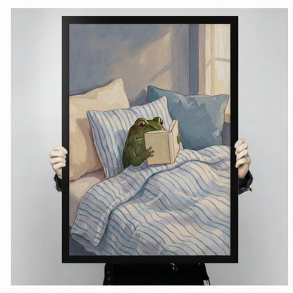 Person holding large framed modern whimsical oil painting green frog sitting up in bed reading book surrounded by blue and cream striped pillows under soft morning window light canvas print with both hands against neutral grey background - close up size reference of cozy reading frog in bed wall art with black frame finish