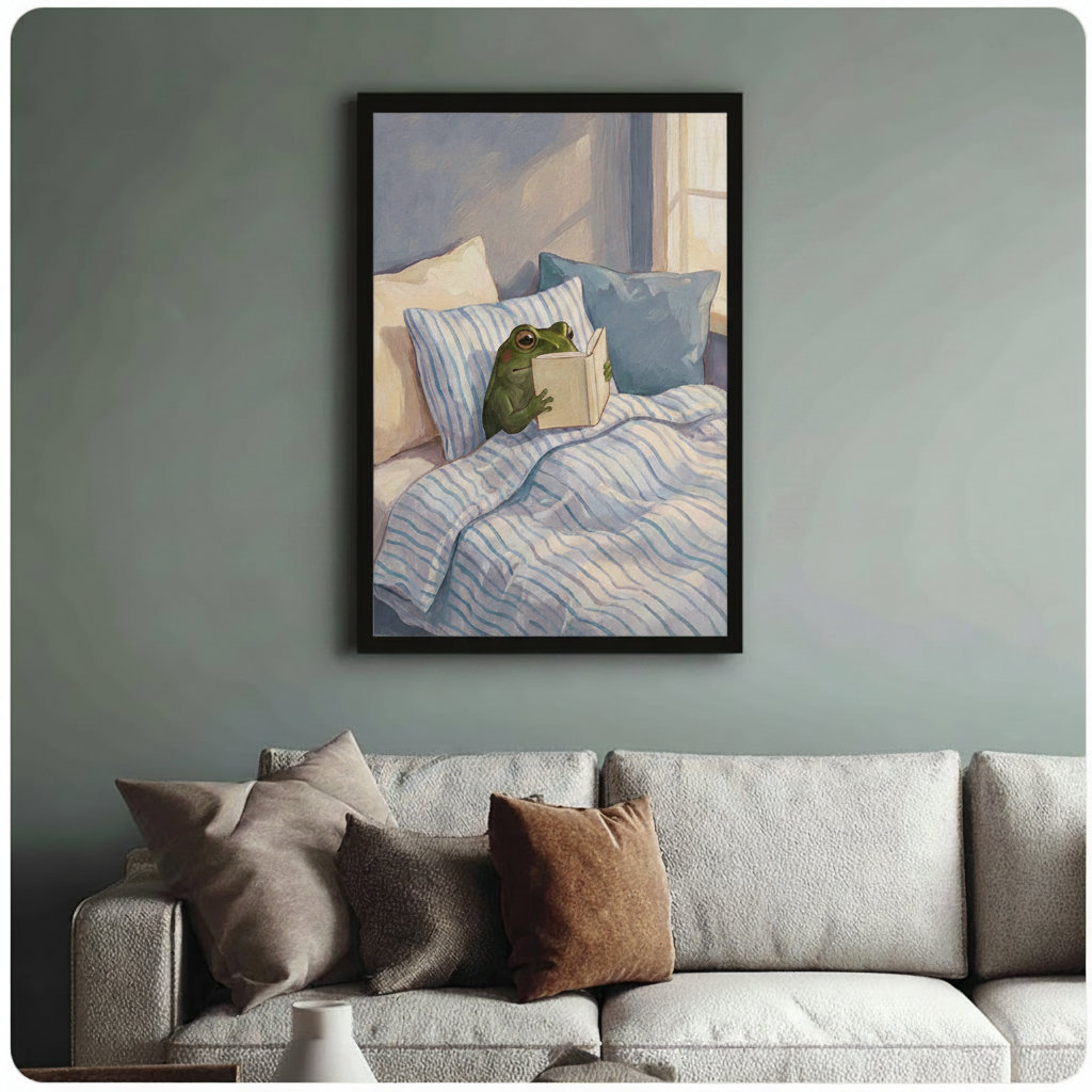Framed modern whimsical oil painting green frog sitting up in bed reading book surrounded by blue and cream striped pillows under soft morning window light on muted blue-grey background canvas print on sage blue-grey wall above cream boucle sofa with mixed linen and caramel throw pillows - cozy reading frog in bed wall art for stylish Scandinavian living room decor