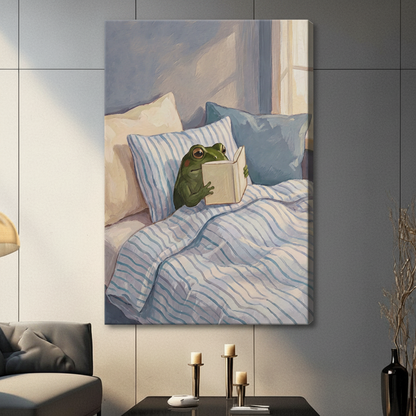 Unframed modern whimsical oil painting cute green bullfrog tucked in striped blue white bedding holding open book with both hands in soft sunlit bedroom scene canvas print on dark grey tile wall in contemporary living room with charcoal sofa and pillar candles - charming reading frog in bed wall art for modern interior decor