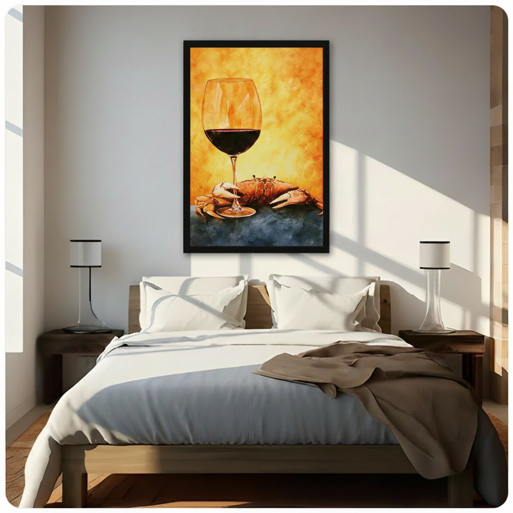 Crab and red wine glass watercolor painting in black float frame canvas wall art above wooden bed with white bedding and modern white table lamps in sunlit bedroom