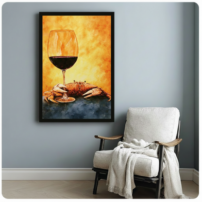 Crab and red wine glass watercolor painting in black float frame canvas wall art on blue-gray wall beside white cushioned armchair with cream throw blanket