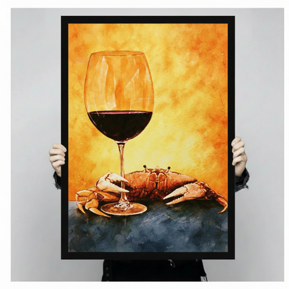 Person in dark gloves holding crab and red wine glass watercolor painting in black float frame canvas wall art against plain light gray background