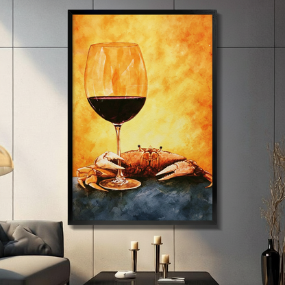 Crab and red wine glass watercolor painting in black float frame canvas wall art on gray tile wall above console table with candles and black vase