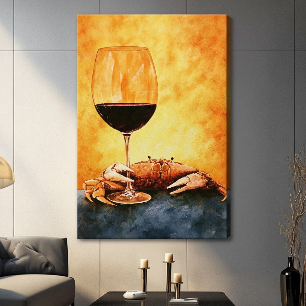 Crab and red wine glass watercolor painting frameless gallery wrap stretched canvas wall art on gray tile wall above console table with candles and black vase showing wrap edge