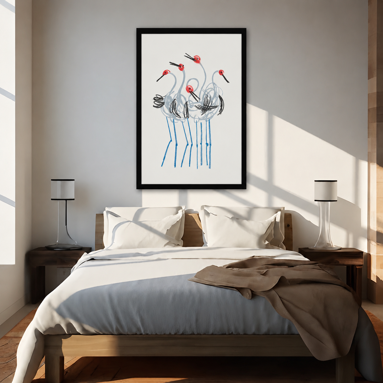 Crane flock framed wall art above bed in sunlit minimalist bedroom, delicate line art red-crowned bird print for serene bedroom decor