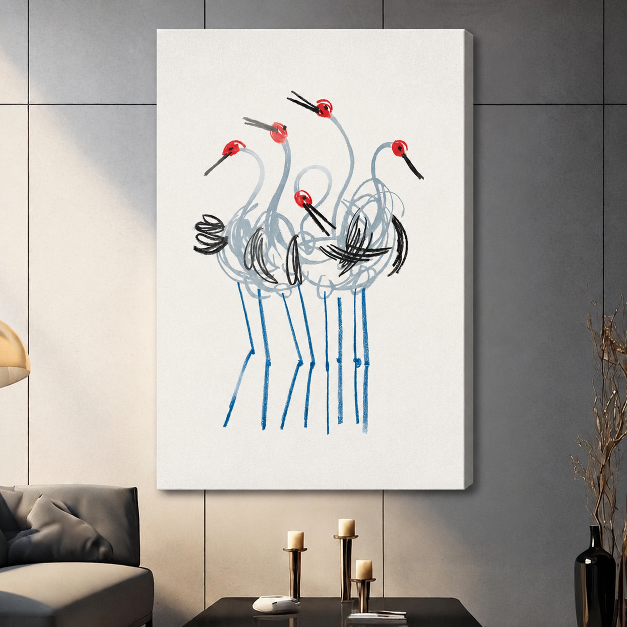 Frameless crane flock sketch canvas print with blue legs and red crown detail, contemporary Asian-inspired bird wall art for living room