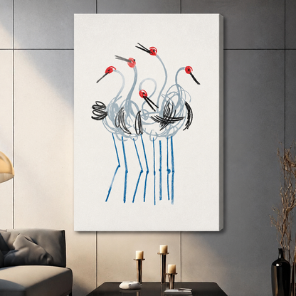 Frameless crane flock sketch canvas print with blue legs and red crown detail, contemporary Asian-inspired bird wall art for living room