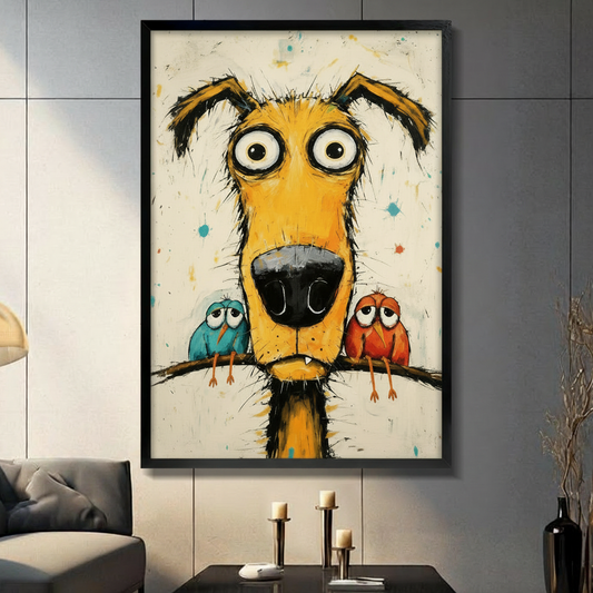 Framed wall art print of a wide-eyed yellow dog with a blue and red bird perched on a branch, displayed in a modern dark living room