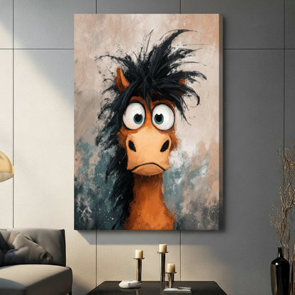Expressive horse canvas wall art displayed in modern American living room — quirky animal print above sofa, warm interior decor