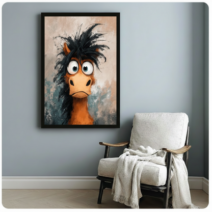  Cartoon horse big eyes framed  canvas print in cozy home setting — painterly whimsical animal art for eclectic and farmhouse interiors