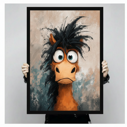  Hand-held black framed crazy hair horse canvas — funny animal wall art gift idea, premium gallery-grade canvas print
