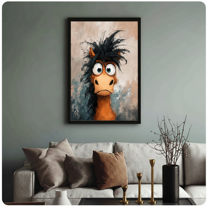 Funny horse cartoon framed canvas print — black wood frame, whimsical animal wall art on neutral background