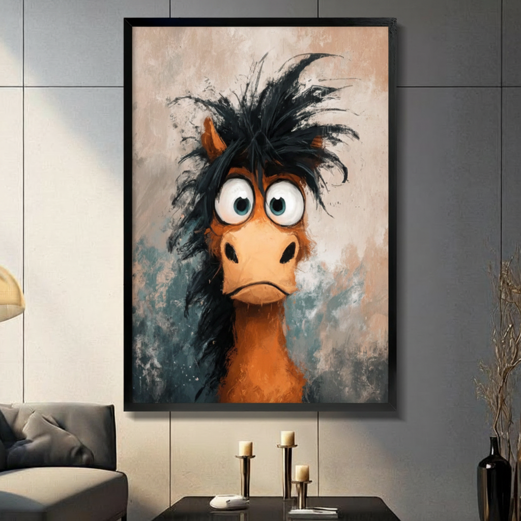 Crazy hair cartoon horse canvas wall art — expressive big eyes and wild black mane, painterly oil art style