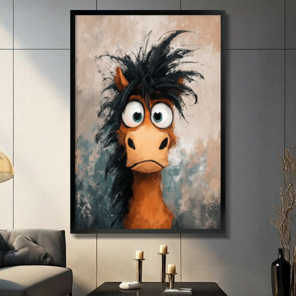 Crazy hair cartoon horse canvas wall art — expressive big eyes and wild black mane, painterly oil art style