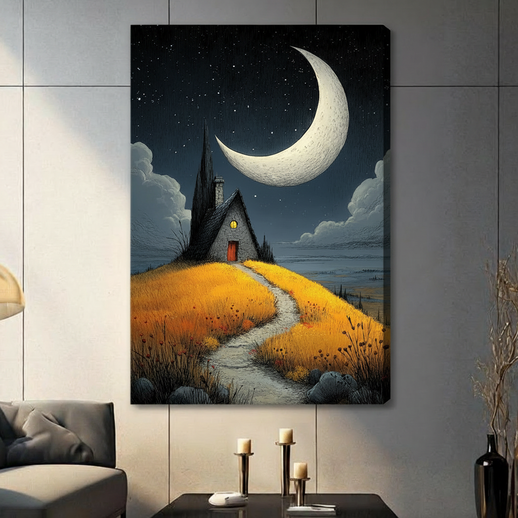 Dark illustration of a stone cottage with a glowing window on a golden hillside path under a giant crescent moon and starry night sky gothic landscape wall art stretched canvas in living room with light gray panel wall and dark sofa