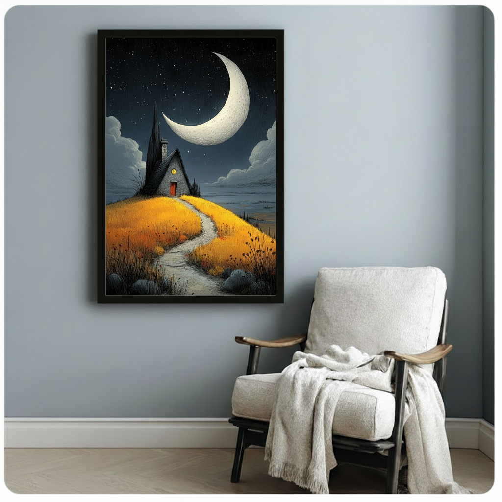 Dark illustration of a stone cottage with a glowing window on a golden hillside path under a giant crescent moon and starry night sky gothic landscape wall art framed print beside white armchair on blue-gray wall