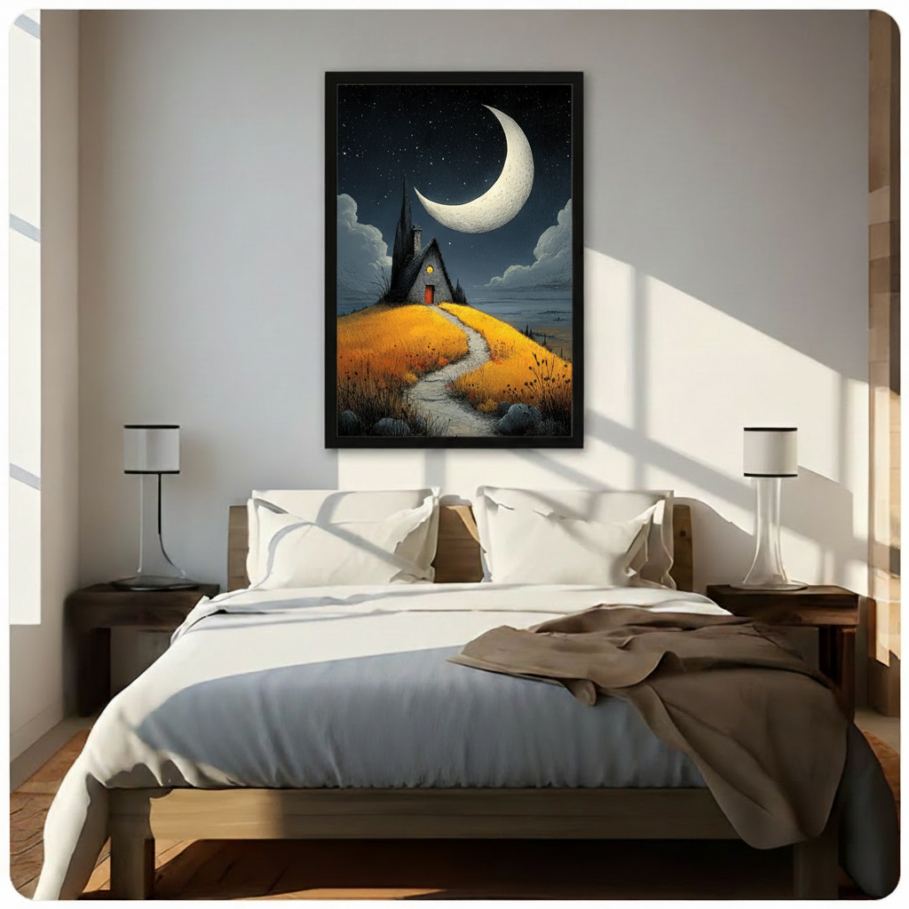 Dark illustration of a stone cottage with a glowing window on a golden hillside path under a giant crescent moon and starry night sky gothic landscape wall art framed print above bedroom with white bedding and dark wood bedside tables