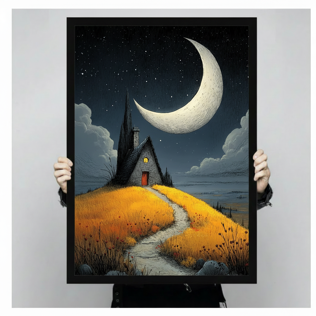 Dark illustration of a stone cottage with a glowing window on a golden hillside path under a giant crescent moon and starry night sky gothic landscape wall art framed print held against light gray background