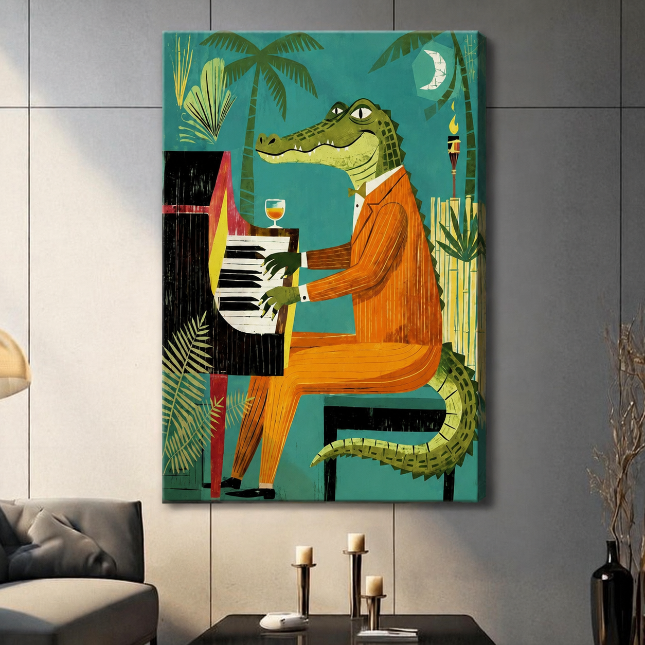Unframed canvas print of a dapper crocodile in an orange pinstripe suit playing piano in a tropical teal setting with palm trees and cocktail glass hung in a modern grey living room