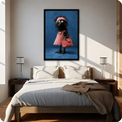 Framed wall art of a charming crow dressed in pink with a matching handbag and headscarf, hung above a bed as a statement bedroom decor piece





