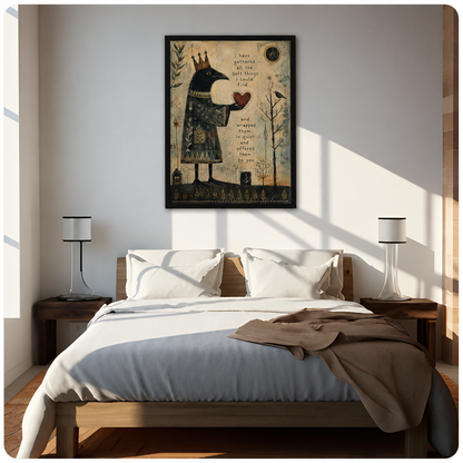 Crow heart canvas wall art above a bed, depicting a crowned raven offering a heart with a gentle message of affection