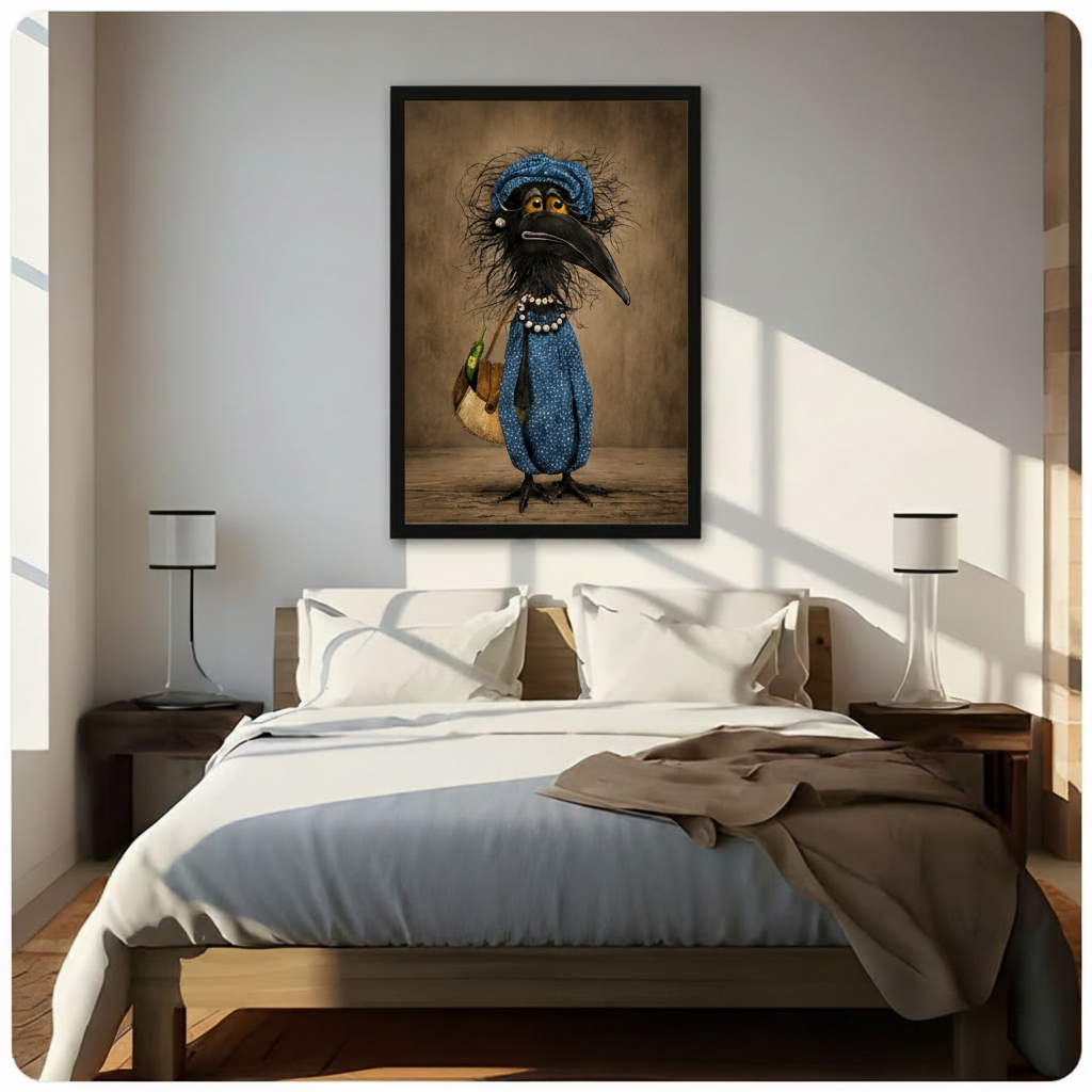 Quirky anthropomorphic crow in blue dotted outfit black framed canvas art mounted above bed in bright natural light bedroom