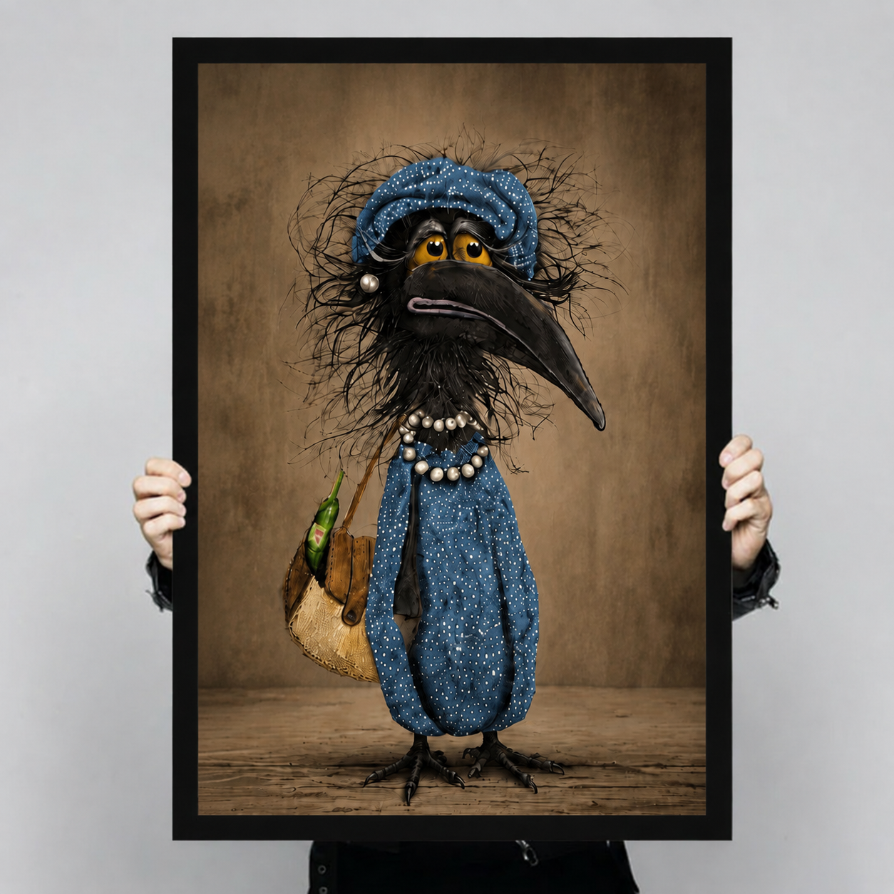 Person holding large framed canvas print of funny crow lady in blue beret showing actual print size and detail quality