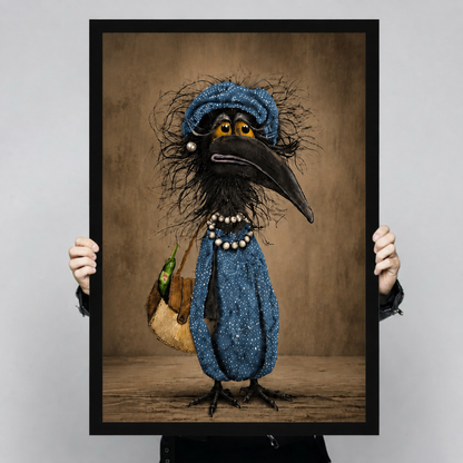Person holding large framed canvas print of funny crow lady in blue beret showing actual print size and detail quality