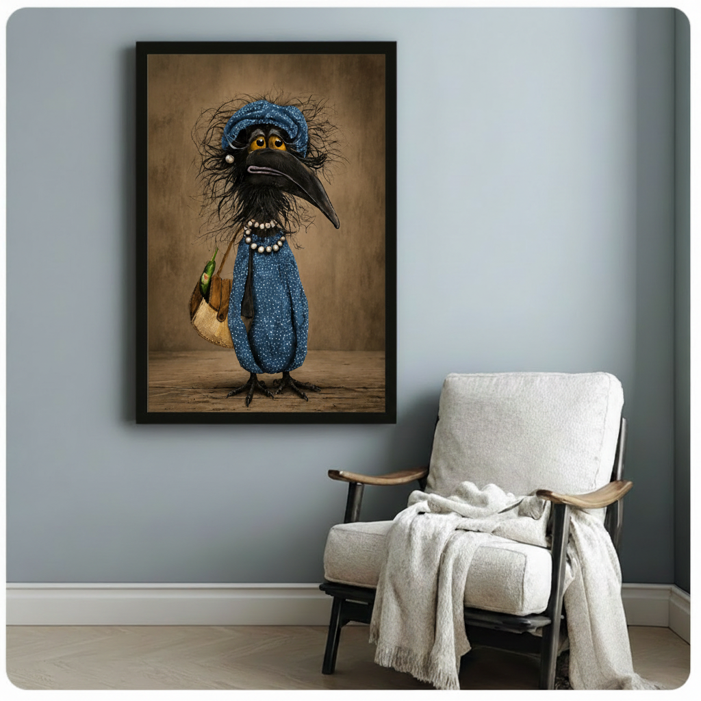 Humorous black crow with pearl necklace and handbag framed wall art above white accent chair in light blue gray room