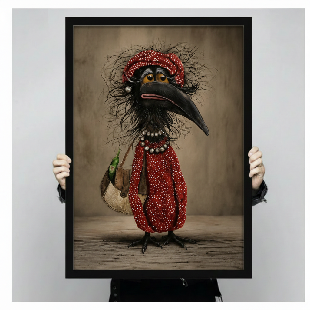 Person holding large framed canvas print of quirky crow in red outfit showing actual print size and detailed character artwork