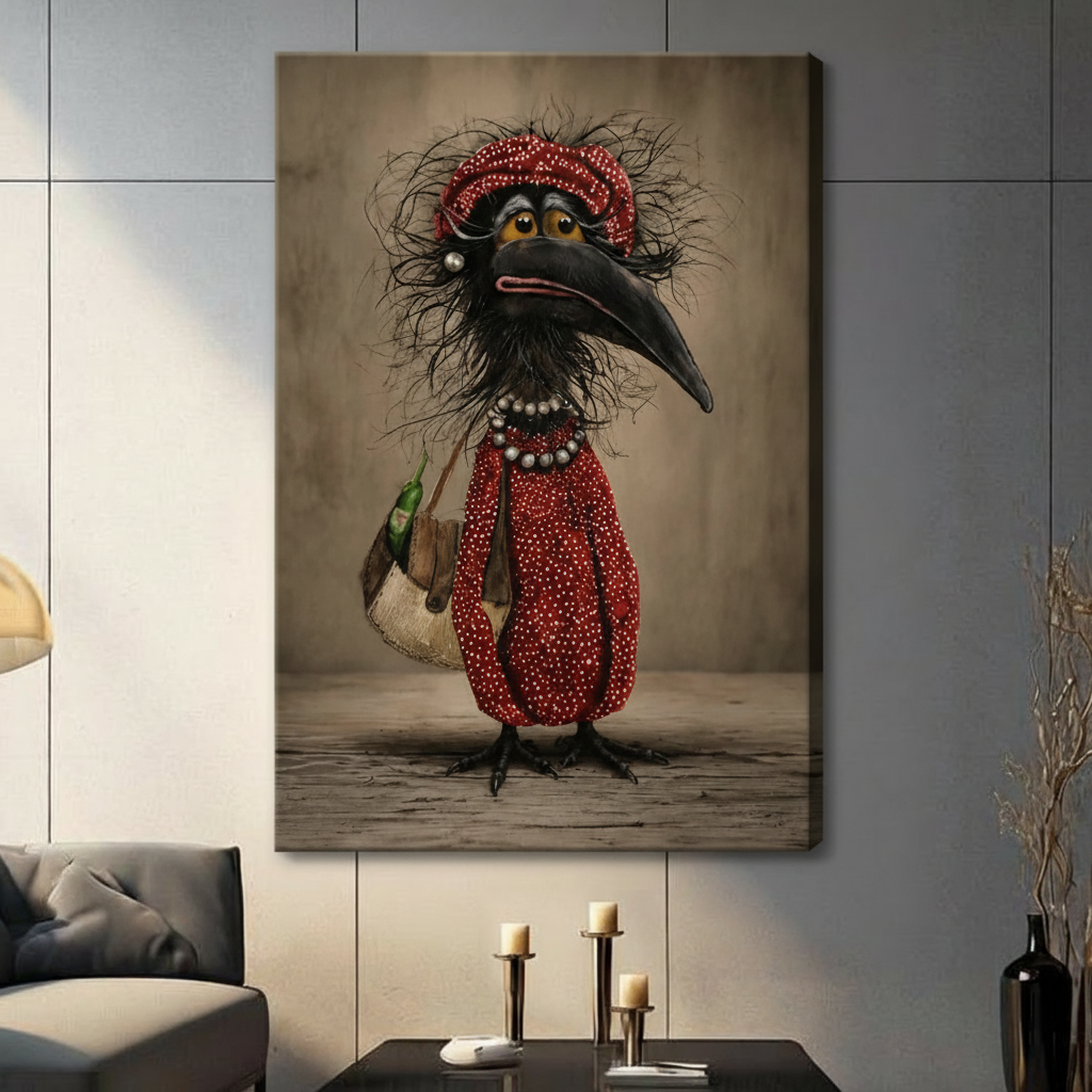 Frameless gallery wrap canvas of whimsical crow character in red dotted dress with pearl necklace on gray paneled accent wall