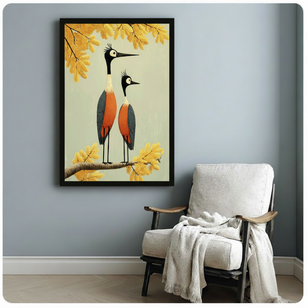 Whimsical folk art illustration of two crowned cranes standing together on a branch with orange-red plumage blue-gray wings large round eyes and long black beaks surrounded by golden autumn foliage bird couple wall art framed print beside white armchair on blue-gray wall
