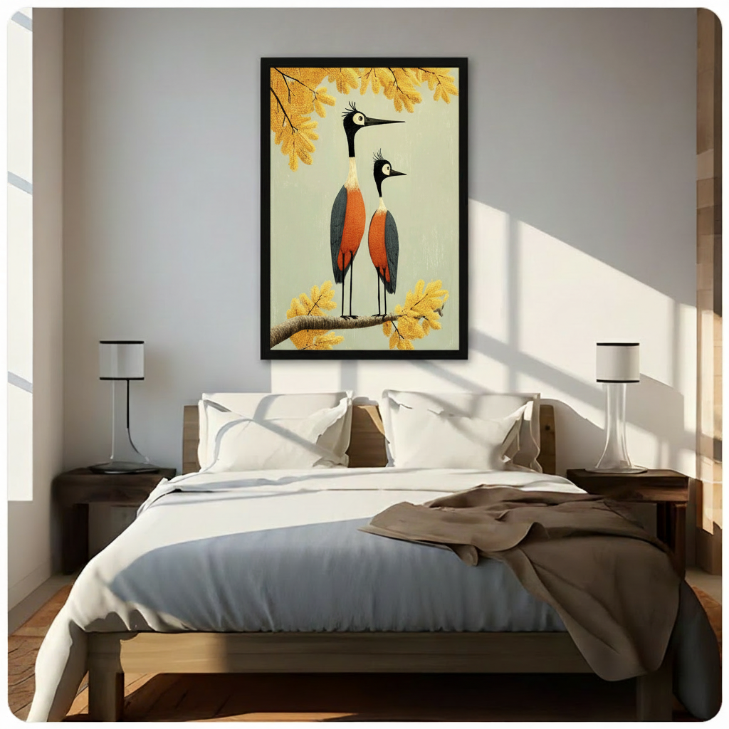 Whimsical folk art illustration of two crowned cranes standing together on a branch with orange-red plumage blue-gray wings large round eyes and long black beaks surrounded by golden autumn foliage bird couple wall art framed print above bedroom with white bedding and dark wood bedside tables