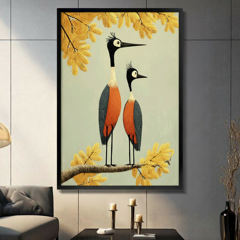 Whimsical folk art illustration of two crowned cranes standing together on a branch with orange-red plumage blue-gray wings large round eyes and long black beaks surrounded by golden autumn foliage bird couple wall art framed print in living room with dark gray panel wall and dark sofa