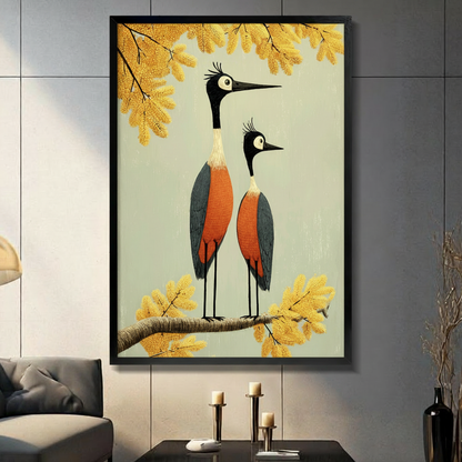 Whimsical folk art illustration of two crowned cranes standing together on a branch with orange-red plumage blue-gray wings large round eyes and long black beaks surrounded by golden autumn foliage bird couple wall art framed print in living room with dark gray panel wall and dark sofa