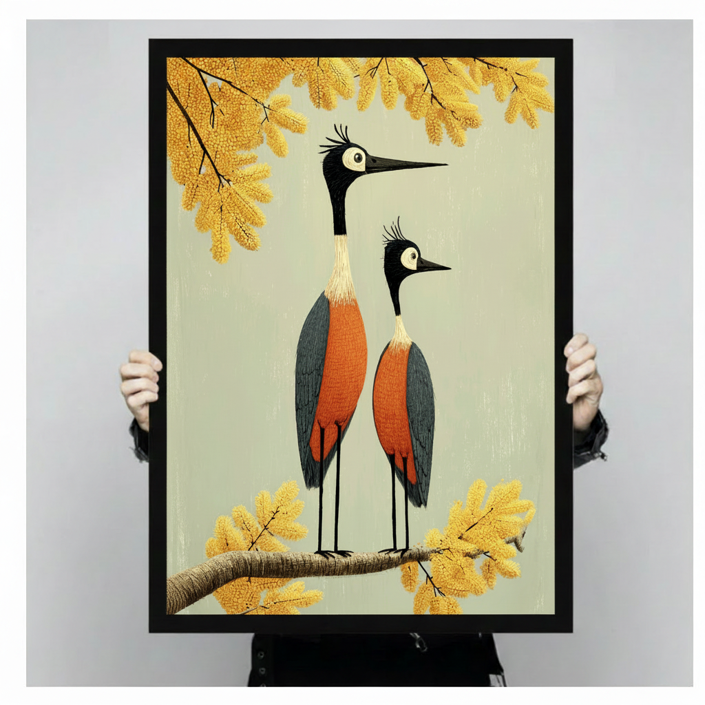 Whimsical folk art illustration of two crowned cranes standing together on a branch with orange-red plumage blue-gray wings large round eyes and long black beaks surrounded by golden autumn foliage bird couple wall art framed print held against light gray background
