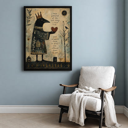  Crowned crow heart canvas wall art above a white armchair, with a raven holding a heart and a small bird nearby