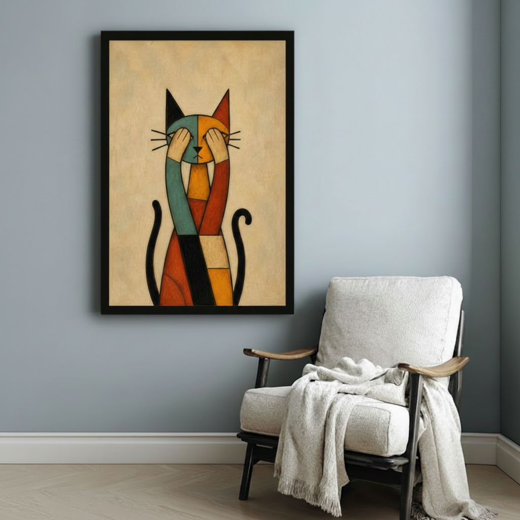 Framed geometric cubist cat canvas print beside white linen armchair in minimalist reading nook — eclectic mid-century wall decor