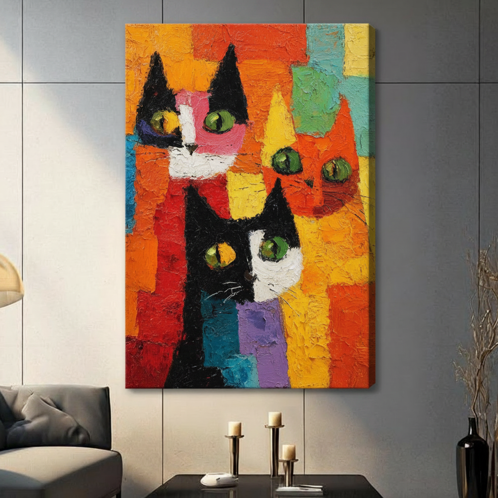Unframed stretched canvas print of three abstract cubist cats with green eyes on a vibrant geometric colour-block background hung in a contemporary grey living room