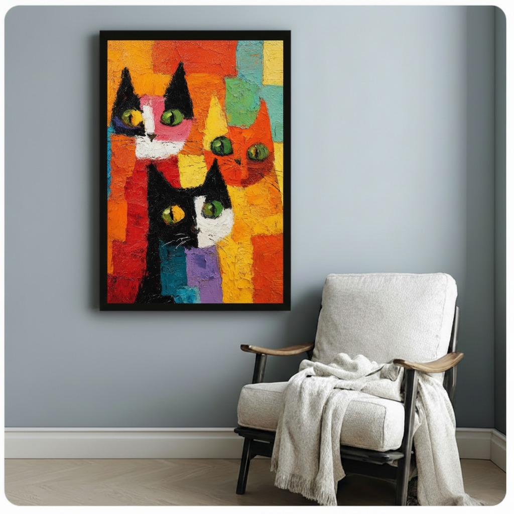 Black framed abstract cat trio canvas art print with thick impasto texture in orange yellow and red on a light blue-grey wall beside a white linen armchair with draped throw