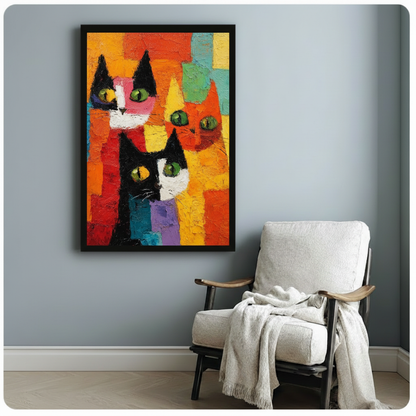 Black framed abstract cat trio canvas art print with thick impasto texture in orange yellow and red on a light blue-grey wall beside a white linen armchair with draped throw