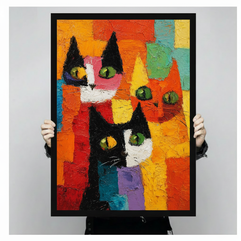 Person holding a large black framed cubist three cats canvas art print showing print size scale and bold impasto oil painting texture detail with vibrant colour blocks