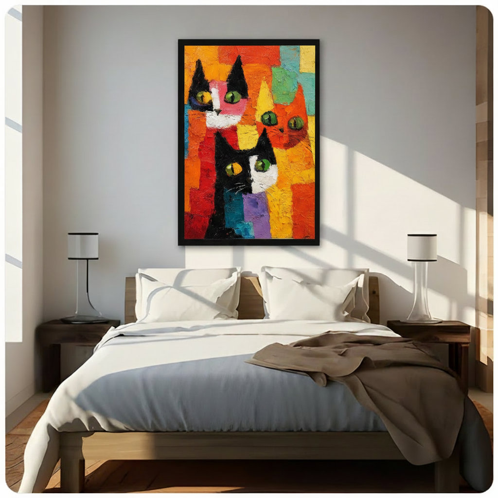 Framed abstract cubist cat trio canvas wall art with green-eyed cats on a geometric orange and red background hung above a wooden bed with white bedding in a sunlit minimalist bedroom