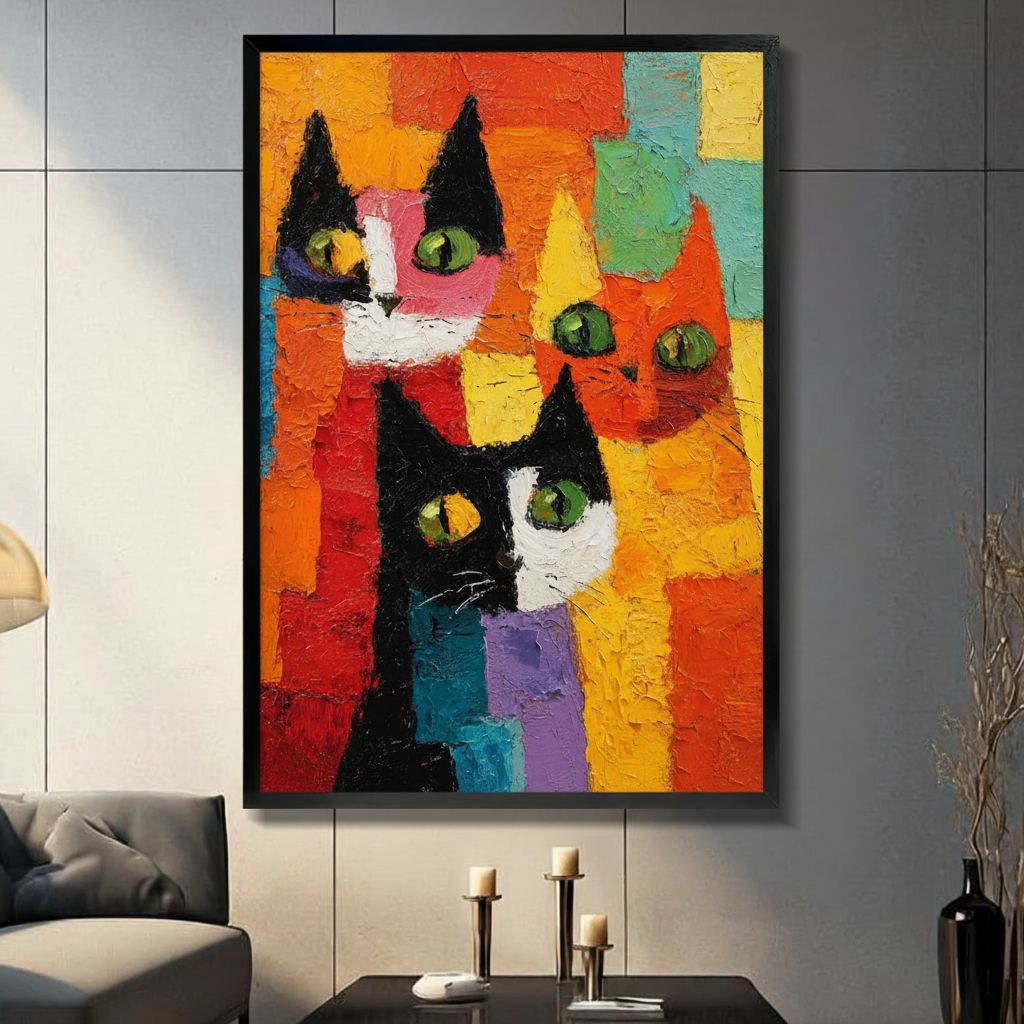 Framed cubist cat trio canvas wall art with bold impasto oil painting texture in orange red and teal displayed above a console table in a modern grey living room