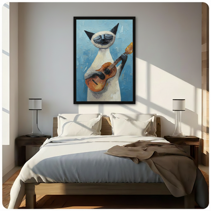 Framed cubist style oil painting cream and dark point Siamese cat holding warm honey brown acoustic guitar with elongated neck raised upward eyes serenely closed against layered cerulean blue impasto background canvas print above dark walnut bed with white linen duvet in sunlit minimalist bedroom with twin slim cylindrical table lamps - bold Siamese cat guitar music blue wall art for contemporary bedroom decor