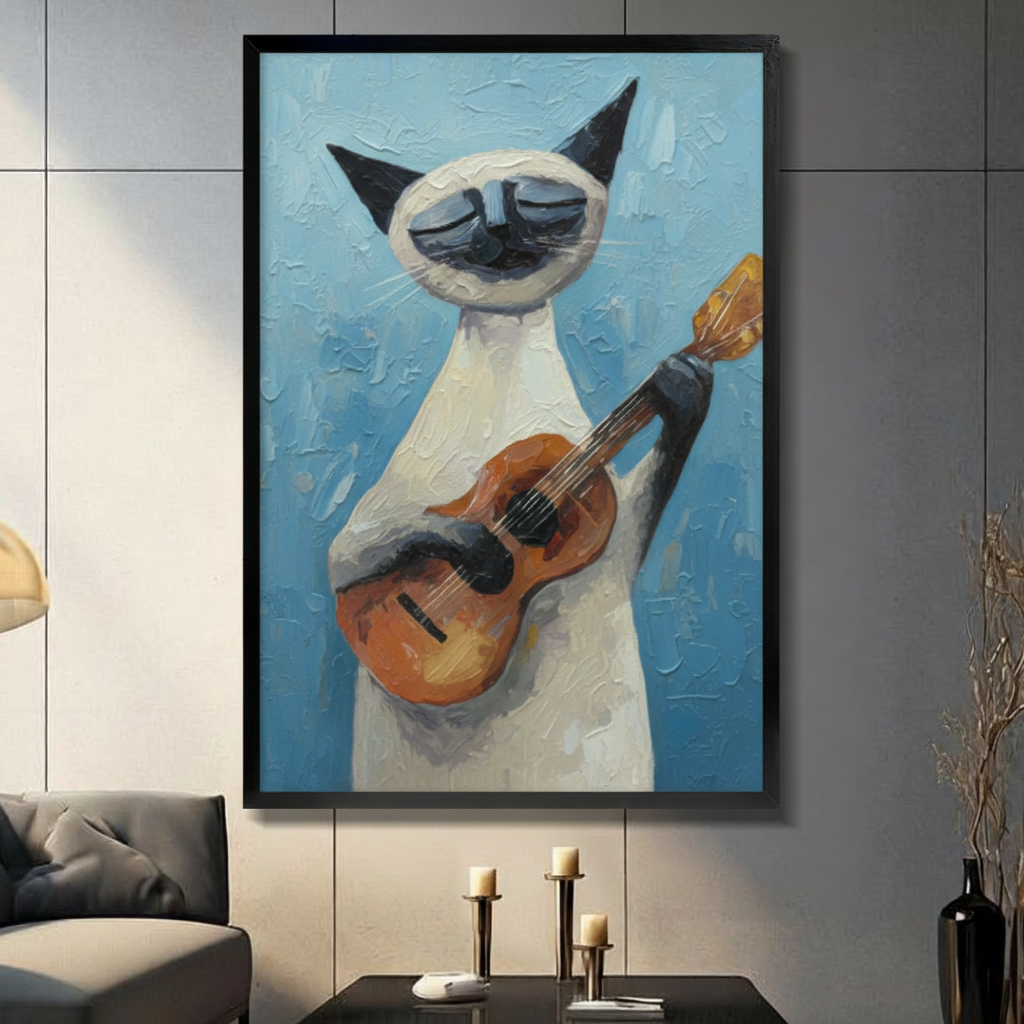 Framed cubist style oil painting Siamese cat standing upright playing acoustic guitar with eyes closed in musical bliss thick impasto brushstrokes on vibrant sky blue textured background canvas print on light grey tile wall in modern living room with charcoal sofa and brass candlesticks - expressive Siamese cat guitar player blue wall art for contemporary home decor