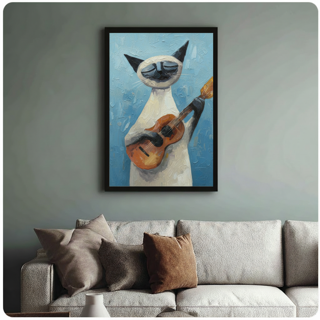 Framed cubist style oil painting Siamese cat standing upright playing acoustic guitar with eyes closed in musical bliss thick impasto brushstrokes on vibrant sky blue textured background canvas print on sage blue-grey wall above cream boucle sofa with mixed linen and caramel throw pillows - expressive Siamese cat guitar player blue wall art for stylish mid-century living room decor